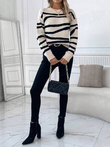SHEIN LUNE Jersey de punto jacquard con rayas asimétricas para mujer, jersey casual de moda y versátil