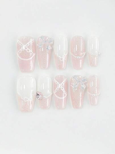 Kawaii 10pcs Cute Bowknot False Nails + 3 Sheets Double-Sided Adhesive, Removable Handpainted Nail Stickers, High Quality Y2K Rhinestones Glossy Manicure, Suitable For Holiday Party, Dance And Daily Wear