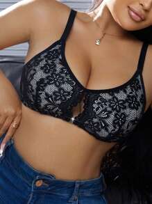 Plus Size Front Closure Bra Lace Underwear, Sexy & Sweet - Black - View 3