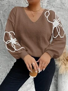 SHEIN Unity Plus Size Women V-Neck Floral Embroidered Relaxed Fit Pullover Sweater For Autumn And Winter Knit Pullover Fall - Brown - View 4