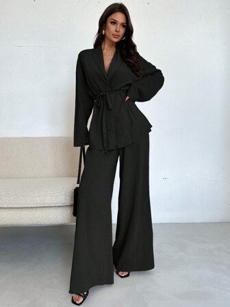 Firerie Damen elegant-lässiger Urlaubs-Büro-Pendelverkehr Jacken-Hosen Set mit Kragen, Taillenbindung, locker geschnitten, für Herbst und Sommer geeignet