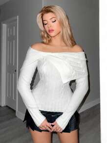 Sweetina Women's Casual Off Shoulder Slit Asymmetric Collar Fitted Sweater, Autumn - White - View 6