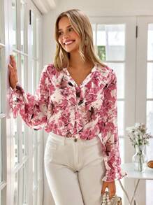 SHEIN VCAY 荷葉邊花卉上衣 - 彩色 - 查看 1