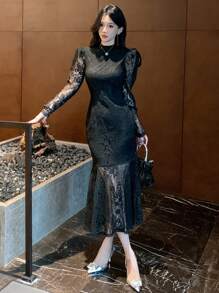 DAZY 女士蕾丝美人鱼修身中长连衣裙 舞会礼服 优雅女士连衣裙