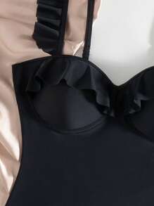 女士荷叶边装饰钢圈连体泳衣，带可调节肩带，黑色 - 黑色 - 查看 5