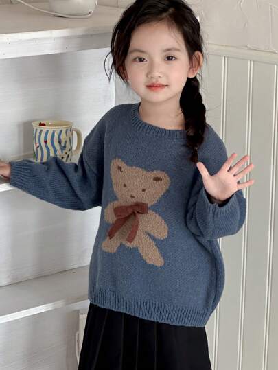 Dazy Kids Young Girl Round Neck Patterned Sweater, Fall Clothes