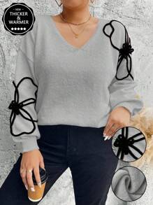 SHEIN Unity Plus Size Women V-Neck Floral Embroidered Regular Casual Pullover Sweater, Autumn/Winter Knit Pullover Fall Sweater - Grey - View 1