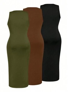 Calvaya Set de 3 vestidos casuales de punto con cuello redondo, sin mangas y de unicolor, de alta elasticidad, para uso casual, veraniegos