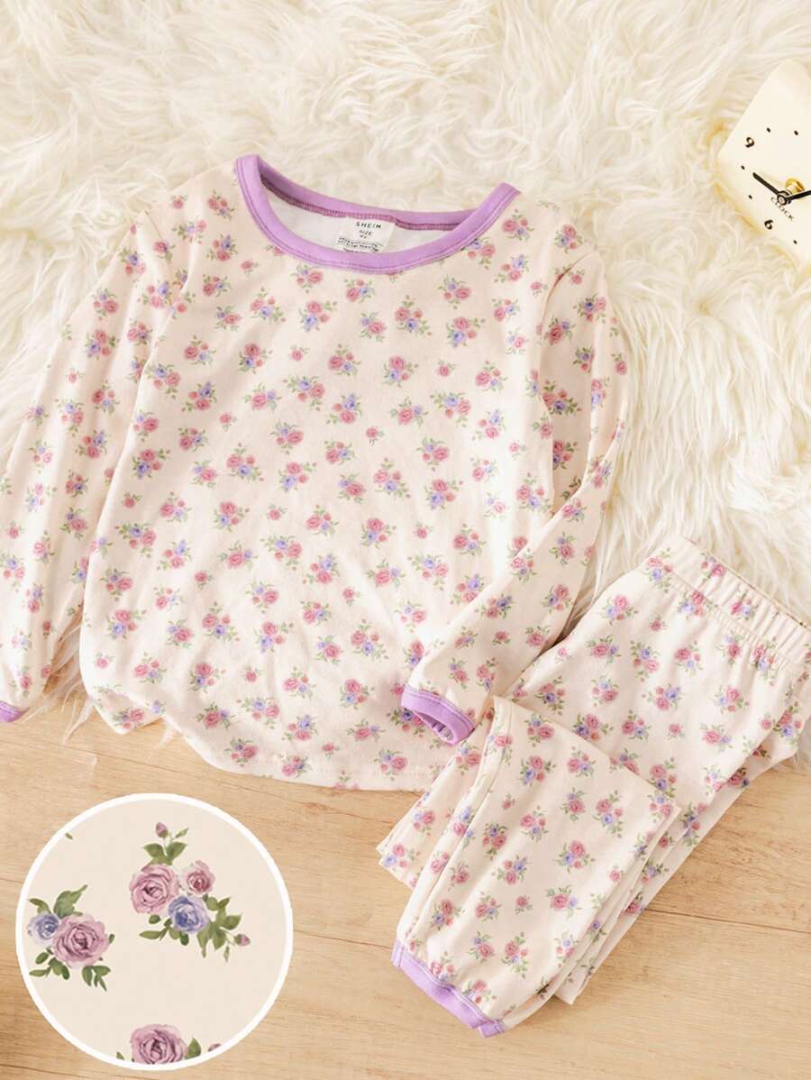 SHEIN 2pcs/Set Young Girl Snug Fit Ditsy Floral Crew Neck Long Sleeve Top & Pants Soft & Comfortable Casual Loungewear & Pajamas - Multicolor - View 1