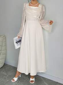 Elenzga Women's Solid Color Scoop Neck Flutter Sleeve Jacquard Woven Dress Maxi Women Outfit