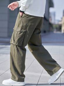 Manfinity Homme 男士简约口袋设计宽松牛仔裤，休闲日常穿着 - 軍綠色 - 查看 6