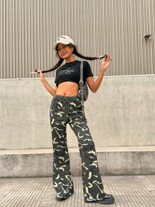 INAWLY Damen einfache bedruckte Lange Hose mit Vorderteil Knoten, Lässiger Alltagsalltag Tragen