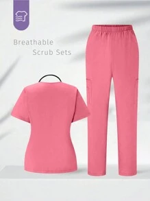 TaskEZ 1 套 V 领短袖口袋简约上衣和裤子手术服套装，纯色 - 珊瑚粉 - 查看 2
