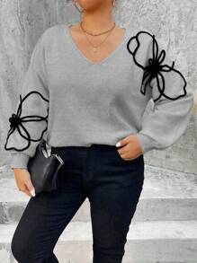 SHEIN Unity Plus Size Women V-Neck Floral Embroidered Regular Casual Pullover Sweater, Autumn/Winter Knit Pullover Fall Sweater - Grey - View 6