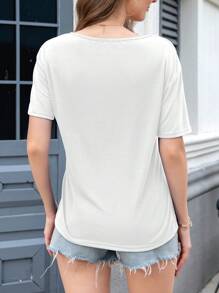 SHEIN LUNE 女士夏季純色V領短袖休閒T卹 - 白色 - 查看 2