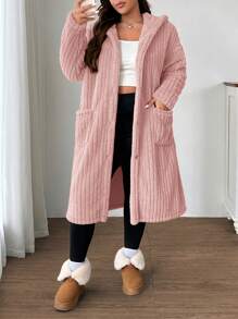 SHEIN EZwear 大尺碼女款可正反穿著抓絨抽繩外套，粉紅色，秋冬休閒連帽鄉村風優雅聖誕新年款 - 粉色 - 查看 4