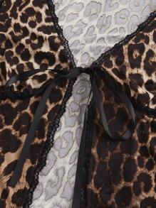 ROMWE Kawaii Women's Retro Y2K Leopard Print Ribbon Tie Cardigan & Ruffle Hem Puff Shorts 2 Pieces Set