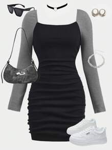 SHEIN Girlism Black & Gray Waist Cinching Fitted Square Neck Long Sleeve Pleated Casual Dress, For Parties And Back To School - Black - View 1