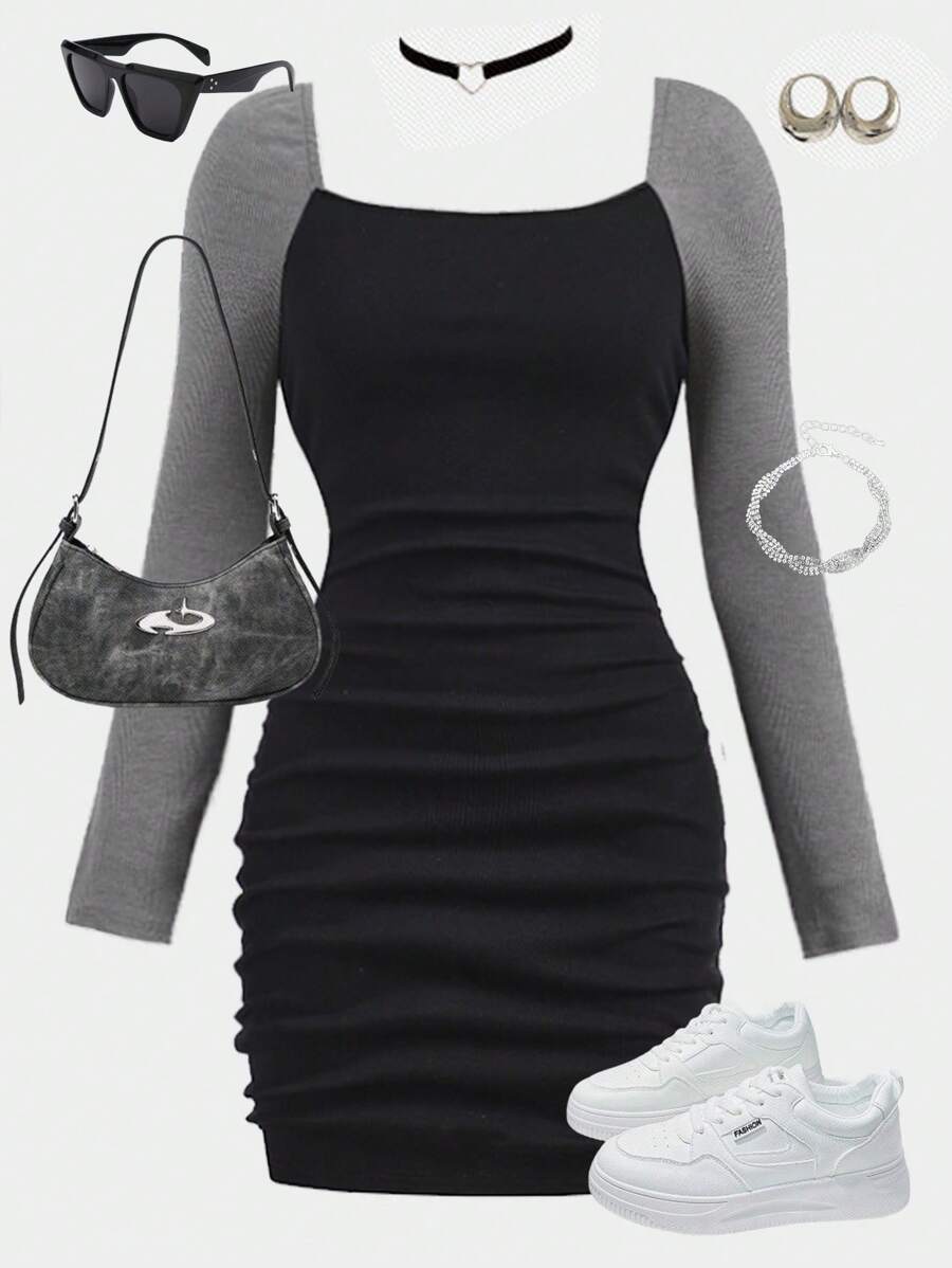 SHEIN Girlism Black & Gray Waist Cinching Fitted Square Neck Long Sleeve Pleated Casual Dress, For Parties And Back To School - Black - View 1