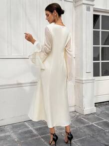 Calvaya Women's Solid Color Square Neck 3D Floral Decor Slit Long Sleeve Maxi Elegant Dress