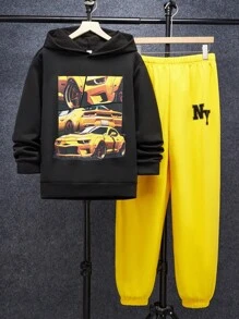SHEIN 青少年男孩休闲宽松舒适百搭赛车印花连帽衫和运动裤两件套，适合秋冬季外出 - 黃色 - 查看 1