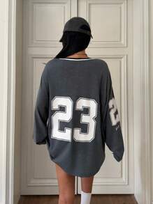SHEIN EZwear 女士 V 领撞色字母条纹印花长袖 T 恤，灰色 - 灰色 - 查看 2