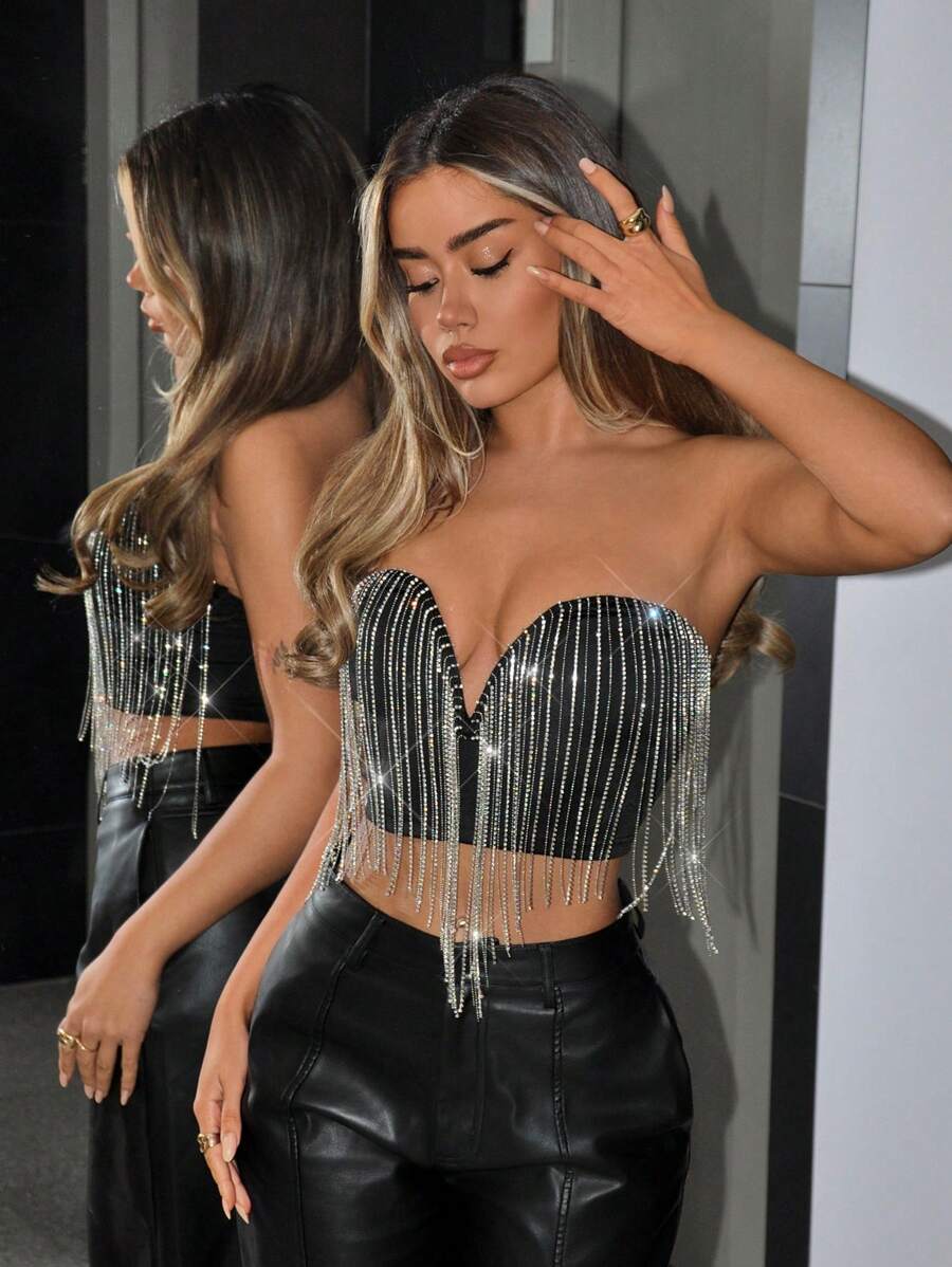 SHEIN ICON Áo nữ cổ chữ V tua rua sequin ôm vừa vặn - màu đen - Xem 1