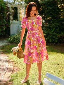 KARISMINA A-Linie Kleid mit Blume Muster, Rüschenbesatz, Volant Ärmeln,