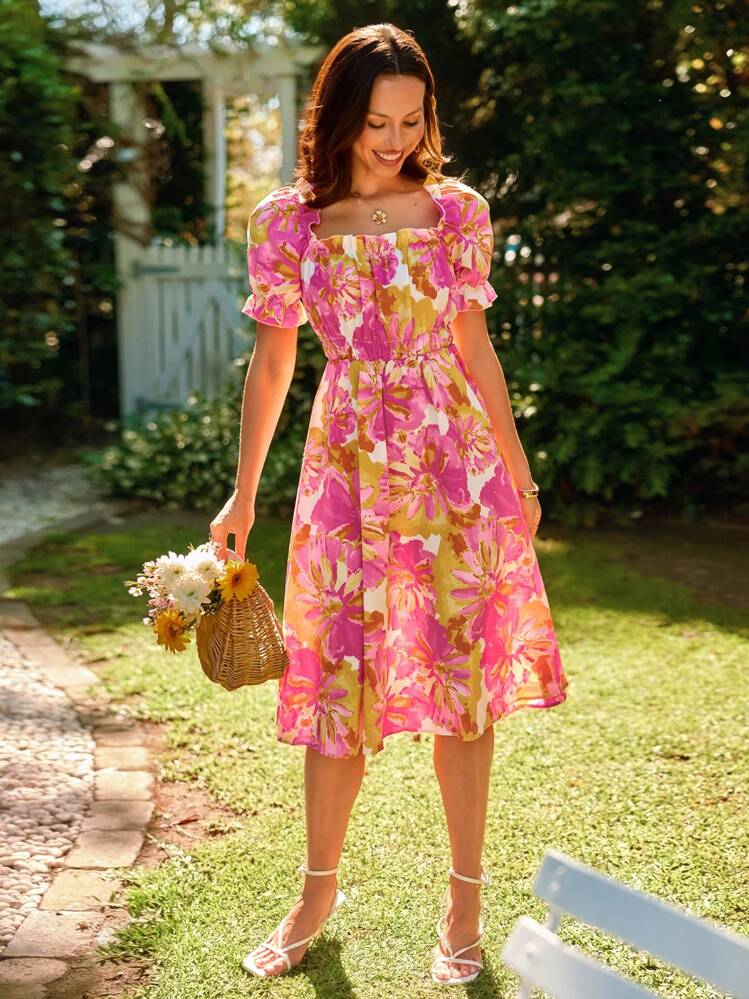 SHEIN VCAY オールオーバーフローラルプリント フリルトリム フラウ