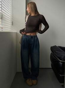 DAZY Women's Solid Color Round Neck Long Sleeve Simple T-Shirt, Casual For Daily Wear,Back To School Clothes,Fall Women Clothes