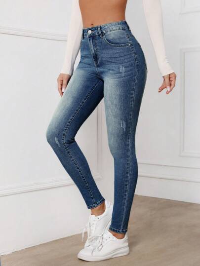 SHEIN Essnce Kvinnor främre knappficka Casual jeans jeans, vardagskläder