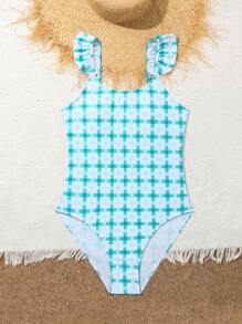 Traje de baño informal de una pieza con estampado de cuadros y ribete de volantes para chica adolescente