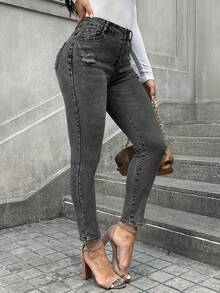 Women's Stretchy Ripped Single-Breasted Skinny Denim Pants - Grey - View 4