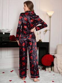 Female Faux Silk Lipstick Print Lapel Long Sleeve Pants Pajama Set - Black - View 3