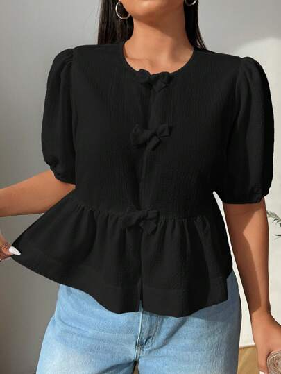 SHEIN EZwear Blusa vintage de talla grande con cuello de lazo, mangas abultadas y cinturón