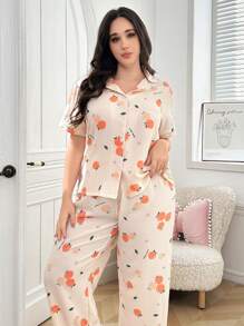 Women's Orange Print Collared Short Sleeve Pajama Set With Pants - Apricot - View 5