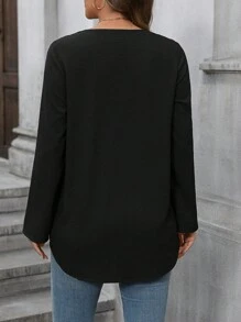 EMERY ROSE Women V-Neck Long Sleeve Solid Color Casual Top - Black - View 2