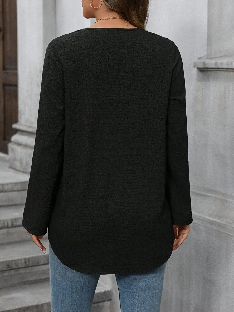 Women V-Neck Long Sleeve Solid Color Casual Top