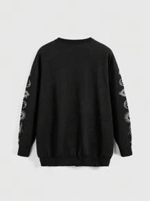 ROMWE Goth 大码女式哥特式花卉骷髅图案提花针织圆领套头衫 - 黑色 - 查看 3