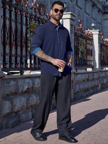 Manfinity Homme 2 chiếc/bộ áo cánh và quần dài tay tối giản màu trơn chắp vá phía trước cỡ lớn - Nhiều màu - Xem 6