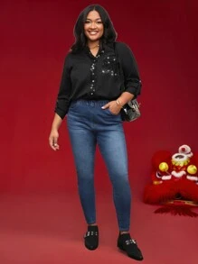 SHEIN LUNE Camisa de manga larga con contraste de lentejuelas, ideal para fiesta, nuevo atuendo de Año Nuevo para mujer de talla grande