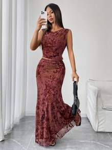 SHEIN Unity 2pcs/Set Women Casual Crew Neck Sleeveless Top And Skirt Set - Black - View 6