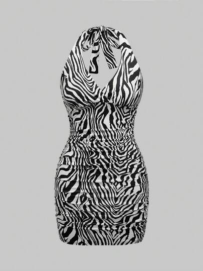 Grunge Punk Y2K Women Leopard Print Full Ruched Hem Bodycon Halter Neck Mini Dress