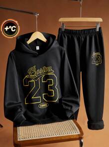 SHEIN Teen Boys 2pcs Athletic Casual Comfortable Versatile Warm Letter Print Hooded Sweatshirt & Sweatpants Set Back To School Clothes Fall Outfits