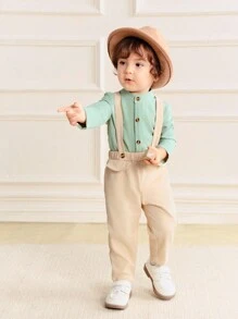 SHEIN Vintage Gentleman Style Baby Boys 2pcs Set: Textured Fabric Shirt + Cargo Suspender Pants, Cute Casual Outfit - Dusty Blue - View 4