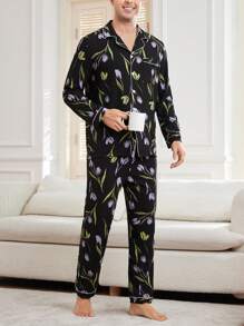 CoupledUp بدلة بيجامة للرجال، متكونة من ملابس علوية كم طويل أحادية الصدر وبنطلون مطبوع بطبعة الزهور التوليب