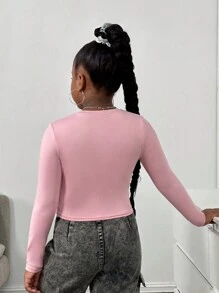 SHEIN Leap Crew Camiseta casual de manga larga con cuello redondo y estampado de letras para niñas preadolescentes