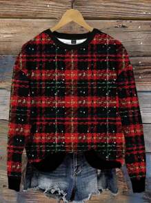 SHEIN LUNE 秋冬女款休闲简约红黑格子印花圆领宽松长袖连帽衫 - 彩色 - 查看 3