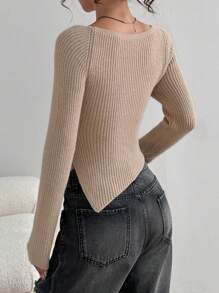 Flirla 1 Áo len nữ cổ vuông màu kaki không đối xứng, gợi cảm, ôm vừa vặn, dự tiệc, chụp ảnh, mặc hàng ngày, thu đông - Màu Khaki - Xem 2