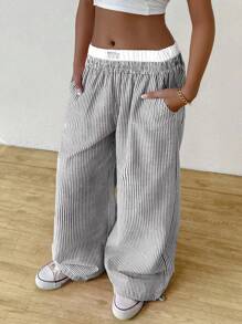 SHEIN EZwear Color Block Elastic Waist Women's Casual Daily Wide Leg Pants - Coffee Brown - View 3